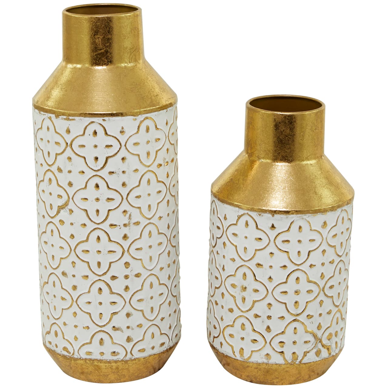 Gold Metal Handmade Embossed Quatrefoil Vase with Gold Detailing Set of 2 16", 12"